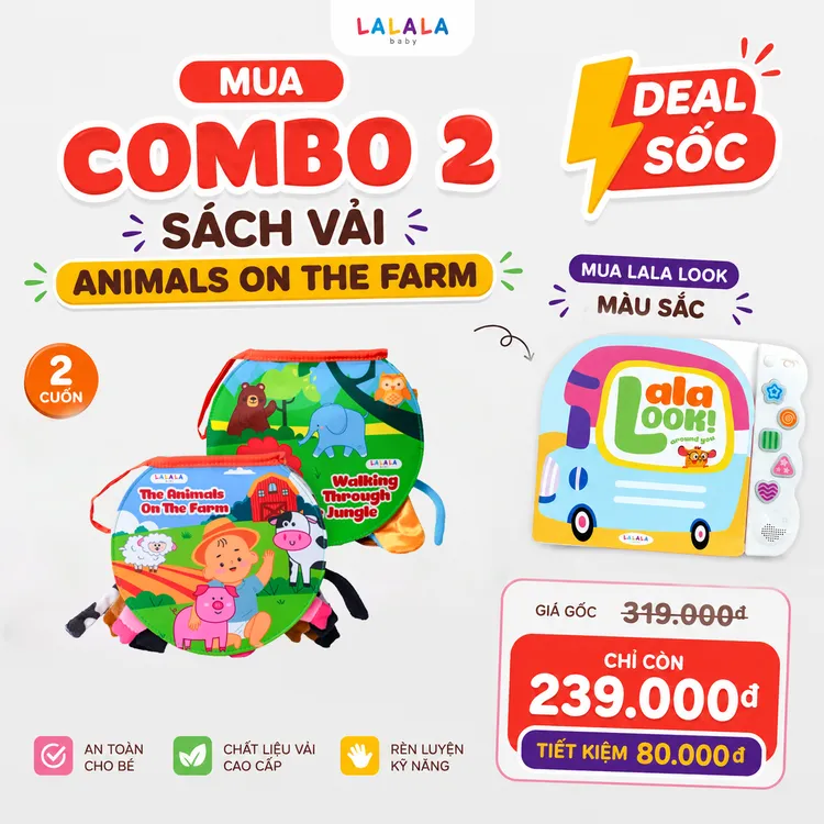 Sách vải động vật the Animals On the farm Lalala Baby - sách vải đa tương tác an toàn cho bé